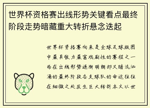 世界杯资格赛出线形势关键看点最终阶段走势暗藏重大转折悬念迭起